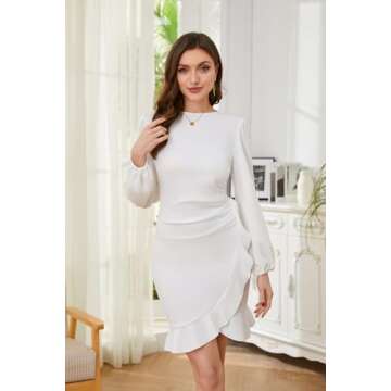 EFexous Cocktail Party Work Dress for Women Puff Long Sleeve Bodycon Dress Ruffle Hem Crew Neck Mini...