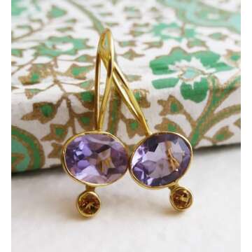 Amethyst and Citrine Gold Plated Sterling Silver Drop Earrings - Natural Gem Gemstone - Birthday Val...