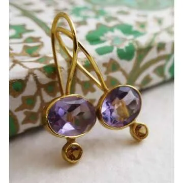 Amethyst and Citrine Gold Plated Sterling Silver Drop Earrings - Natural Gem Gemstone - Birthday Valentine's Mother's Day Gift - Handmade Jewellery Gift Ideas for Women (Amethyst and Citrine)