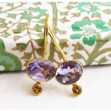 Amethyst and Citrine Gold Plated Sterling Silver Drop Earrings - Natural Gem Gemstone - Birthday Valentine's Mother's Day Gift - Handmade Jewellery Gift Ideas for Women (Amethyst and Citrine)
