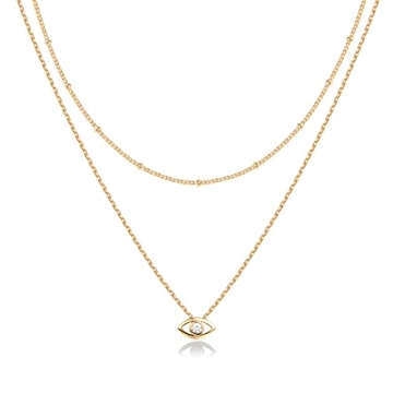 PAVOI 14K Gold Plated Layered Evil Eye Pendant Necklace - Minimalist Layering Necklace
