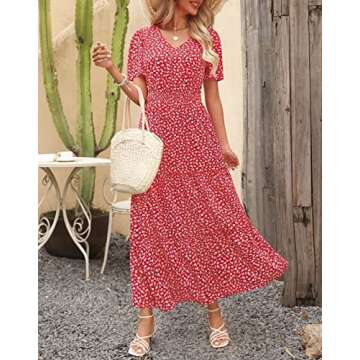 Zattcas Womens 2025 Long Summer Dress Casual Short Flutter Sleeve V Neck Smocked Waist Tiered Flowy ...