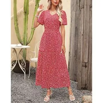 Zattcas Womens 2025 Long Summer Dress Casual Short Flutter Sleeve V Neck Smocked Waist Tiered Flowy Modest Floral Boho Maxi Dress with Pockets Red L