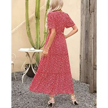 Zattcas Womens 2025 Long Summer Dress Casual Short Flutter Sleeve V Neck Smocked Waist Tiered Flowy Modest Floral Boho Maxi Dress with Pockets Red L