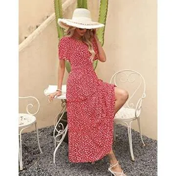 Zattcas Womens 2025 Long Summer Dress Casual Short Flutter Sleeve V Neck Smocked Waist Tiered Flowy Modest Floral Boho Maxi Dress with Pockets Red L