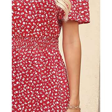 Zattcas Womens 2025 Long Summer Dress Casual Short Flutter Sleeve V Neck Smocked Waist Tiered Flowy Modest Floral Boho Maxi Dress with Pockets Red L