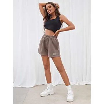 SheIn Women's Drawstring High Waist Patched Yoga Workout Sports Track Shorts Mocha Brown L