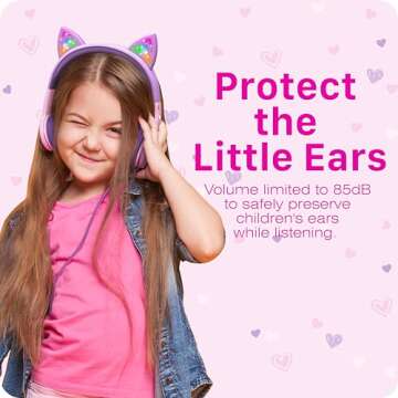 FosPower Kids Headphones with LED Cat Ears (85dB Safe Volume Limit), 3.5mm Soft On-Ear Wired Headphones with Tangle-Free Laced Cables for iPad/Tablet/School/Travel - Baby Pink/Lavender