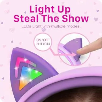 FosPower Kids Headphones with LED Cat Ears (85dB Safe Volume Limit), 3.5mm Soft On-Ear Wired Headphones with Tangle-Free Laced Cables for iPad/Tablet/School/Travel - Baby Pink/Lavender