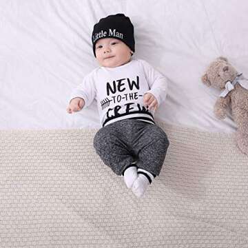 3Pcs Baby Boys Clothes Sets, Cute Letters Print Romper + Pants + Hat Outfits Set(Long Sleeves White 0-3months)…