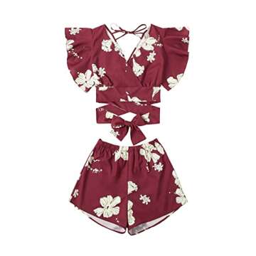 SweatyRocks Women's 2 Piece Boho Butterfly Sleeve Knot Front Crop Top with Shorts Set (Large, Burgundy)