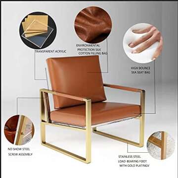 Goalukk Modern Accent Lounge Arm Chair, Soft Leather Gold Stainless Steel Frame in Brown