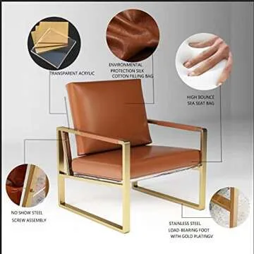 Goalukk Modern Accent Lounge Arm Chair, Soft Leather Gold Stainless Steel Frame in Brown