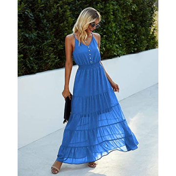 PRETTYGARDEN Women's Casual Summer Dress Spaghetti Strap Sleeveless High Waist Beach Long Maxi Sun Dresses (Lake Blue,Large)