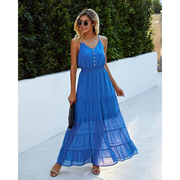 PRETTYGARDEN Women's Casual Summer Dress Spaghetti Strap Sleeveless High Waist Beach Long Maxi Sun Dresses (Lake Blue,Large)