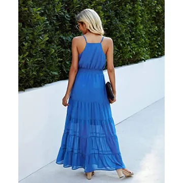 PRETTYGARDEN Women's Casual Summer Dress Spaghetti Strap Sleeveless High Waist Beach Long Maxi Sun Dresses (Lake Blue,Large)