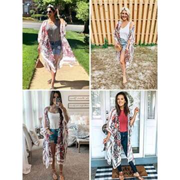 Hibluco Women's Summer Chiffon Floral Kimono Cardigan Long Swimwear Cover Ups