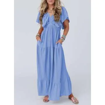 Acelitt Womens Casual Summer Dress 2024 Fashion V Neck Short Sleeve Trendy Bridesmaid Vacation Swing...