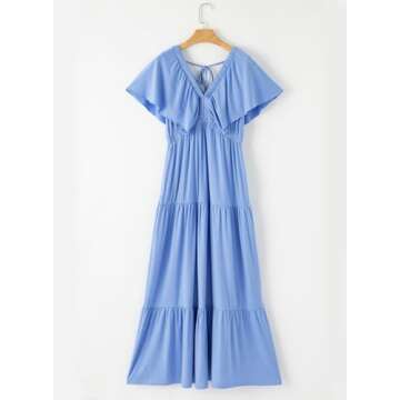 Acelitt Womens Casual Summer Dress 2024 Fashion V Neck Short Sleeve Trendy Bridesmaid Vacation Swing Flowy Tiered Beach Long Maxi Boho Dresses Sundresses Sky Blue Large