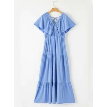 Acelitt Womens Casual Summer Dress 2024 Fashion V Neck Short Sleeve Trendy Bridesmaid Vacation Swing Flowy Tiered Beach Long Maxi Boho Dresses Sundresses Sky Blue Large