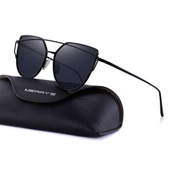 MERRY'S Fashion Metal Frame Flat Mirrored Lens Sunglasses Cat Eye For Women UV400 S7882 (Black, 56)