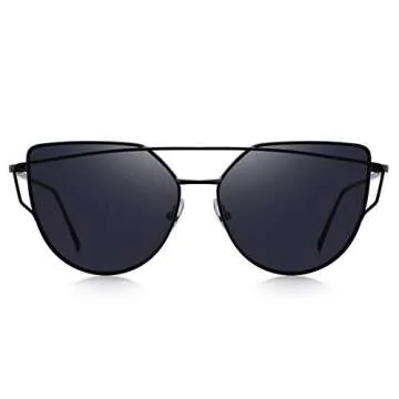 MERRY'S Fashion Metal Frame Flat Mirrored Lens Sunglasses Cat Eye For Women UV400 S7882 (Black, 56)