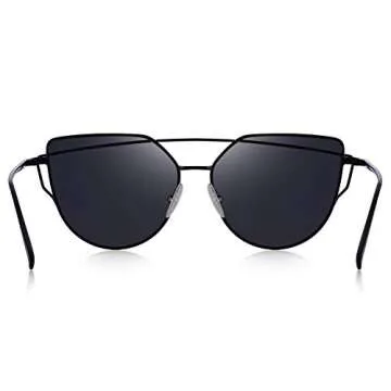 MERRY'S Fashion Metal Frame Flat Mirrored Lens Sunglasses Cat Eye For Women UV400 S7882 (Black, 56)
