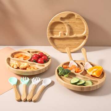 Bamboo Toddler Suction Plates with Silicone Utensils