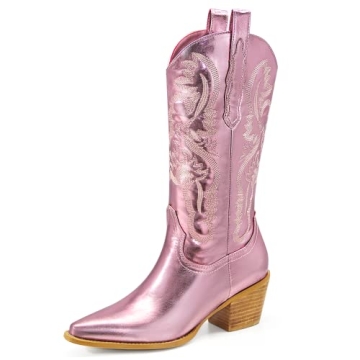 Ouepiano Pink Cowboy Boots for Women - Wide Calf Cowgirl Boots Mid-Calf Western Boots with Classic E...