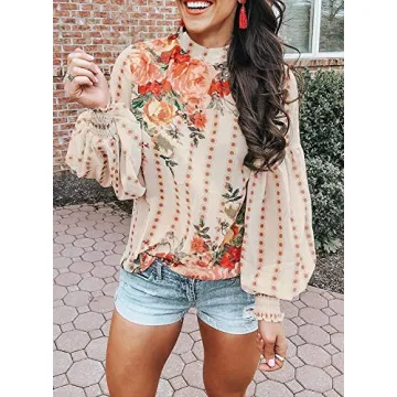 Uusollecy Boho Printed Puff Sleeve Shirt for Women