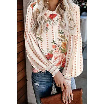 Uusollecy Boho Printed Puff Sleeve Shirt for Women