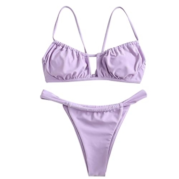 ZAFUL Women's Ruched Tie Front High Cut Bikini Set