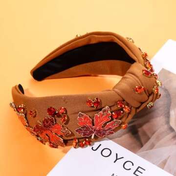 NVENF Thanksgiving Headband for Women Beaded Turkey Fall Headband Accessories Jeweled Pearl Rhinestone Knotted Headband Autumn Fall Thanksgiving Hair Accessory Outfits Holiday Gifts (Maple Leaf 1)