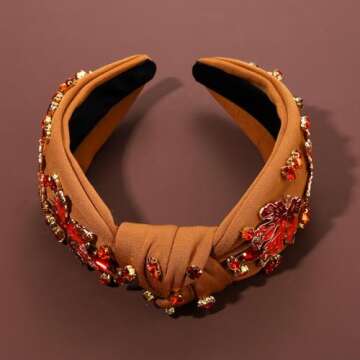 NVENF Thanksgiving Headband for Women Beaded Turkey Fall Headband Accessories Jeweled Pearl Rhinestone Knotted Headband Autumn Fall Thanksgiving Hair Accessory Outfits Holiday Gifts (Maple Leaf 1)