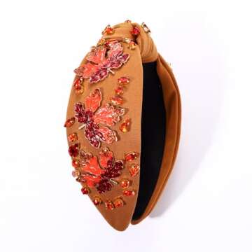 NVENF Thanksgiving Headband for Women Beaded Turkey Fall Headband Accessories Jeweled Pearl Rhinestone Knotted Headband Autumn Fall Thanksgiving Hair Accessory Outfits Holiday Gifts (Maple Leaf 1)