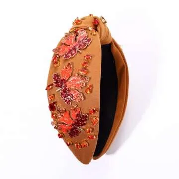 NVENF Thanksgiving Headband for Women Beaded Turkey Fall Headband Accessories Jeweled Pearl Rhinestone Knotted Headband Autumn Fall Thanksgiving Hair Accessory Outfits Holiday Gifts (Maple Leaf 1)