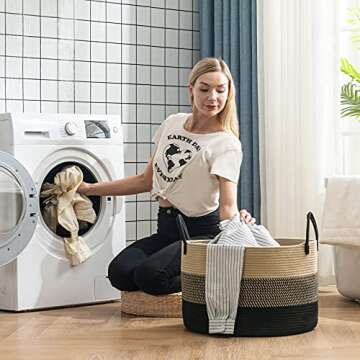 72L Large Woven Rope Laundry Hamper Basket with Handles by YOUDENOVA, 20 x 20 x 13 Round Decorative Blanket Toy Basket for Living room, Black & Jute