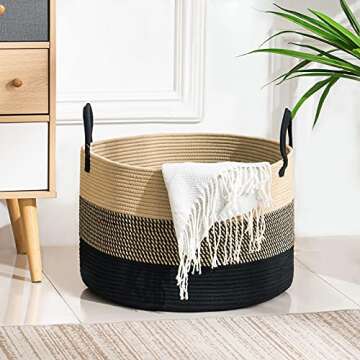 72L Large Woven Rope Laundry Hamper Basket with Handles by YOUDENOVA, 20 x 20 x 13 Round Decorative Blanket Toy Basket for Living room, Black & Jute