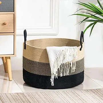 72L Large Woven Rope Laundry Hamper Basket with Handles by YOUDENOVA, 20 x 20 x 13 Round Decorative Blanket Toy Basket for Living room, Black & Jute