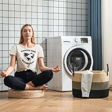 72L Large Woven Rope Laundry Hamper Basket with Handles by YOUDENOVA, 20 x 20 x 13 Round Decorative Blanket Toy Basket for Living room, Black & Jute