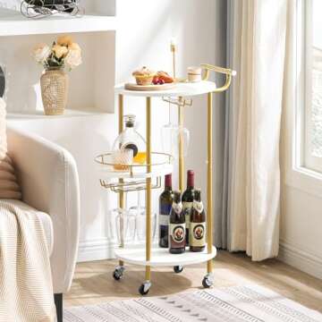 HOOBRO Bar Carts with 3-Tier Storage Shelves, Mobile Bar Serving Cart with Wine Rack and Glass Holder, for The Home, Kitchen, Living Room, Dining Room, Gold and White WD32TC01