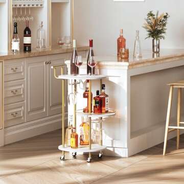 HOOBRO Bar Carts with 3-Tier Storage Shelves, Mobile Bar Serving Cart with Wine Rack and Glass Holder, for The Home, Kitchen, Living Room, Dining Room, Gold and White WD32TC01