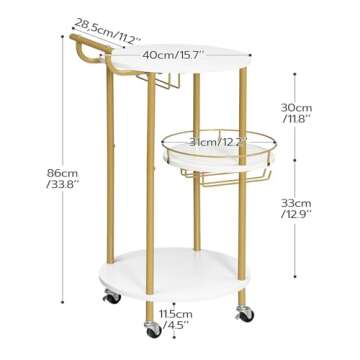 HOOBRO Bar Carts with 3-Tier Storage Shelves, Mobile Bar Serving Cart with Wine Rack and Glass Holder, for The Home, Kitchen, Living Room, Dining Room, Gold and White WD32TC01