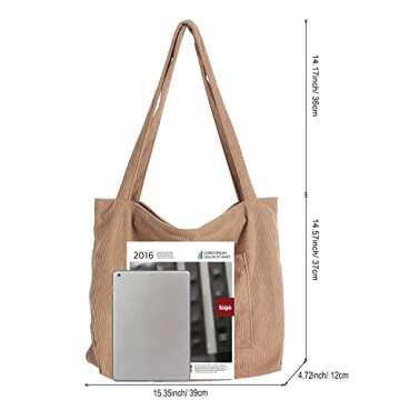 WantGor Women Corduroy Tote Bag, Large Shoulder Hobo Bags Casual Handbags Big Capacity Shopping Work Bag (Khaki)