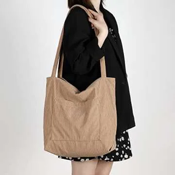 WantGor Women Corduroy Tote Bag, Large Shoulder Hobo Bags Casual Handbags Big Capacity Shopping Work Bag (Khaki)