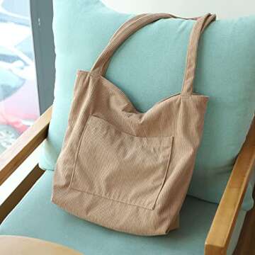 WantGor Women Corduroy Tote Bag, Large Shoulder Hobo Bags Casual Handbags Big Capacity Shopping Work Bag (Khaki)