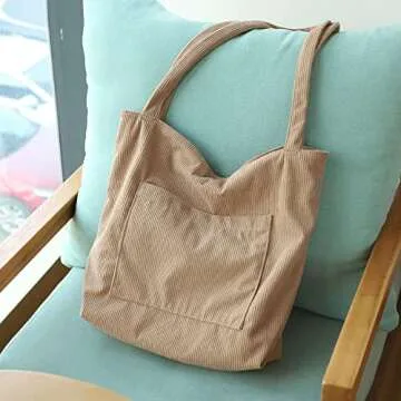 WantGor Women Corduroy Tote Bag, Large Shoulder Hobo Bags Casual Handbags Big Capacity Shopping Work Bag (Khaki)