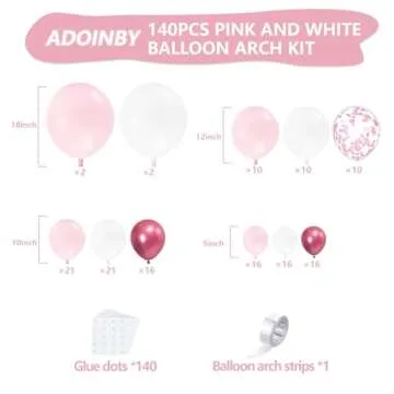 ADOINBY Pink Balloon Arch Kit, 140Pcs Pastel Light Metallic Pink and White Balloons with Pink Confet...