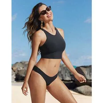 CRZ YOGA Womens Racerback Bikini Tops Quick Dry High Neck Modest Swimsuit Padded Sports Bathing Suit Black Medium