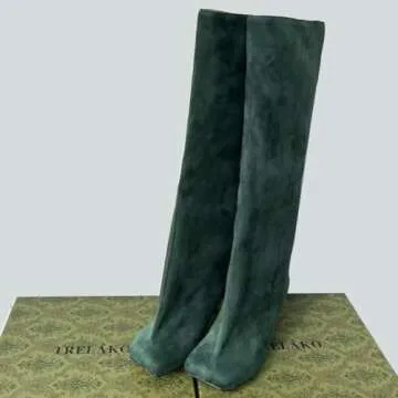 Trelako Green Suede Knee High Boots for Fashionable Women
